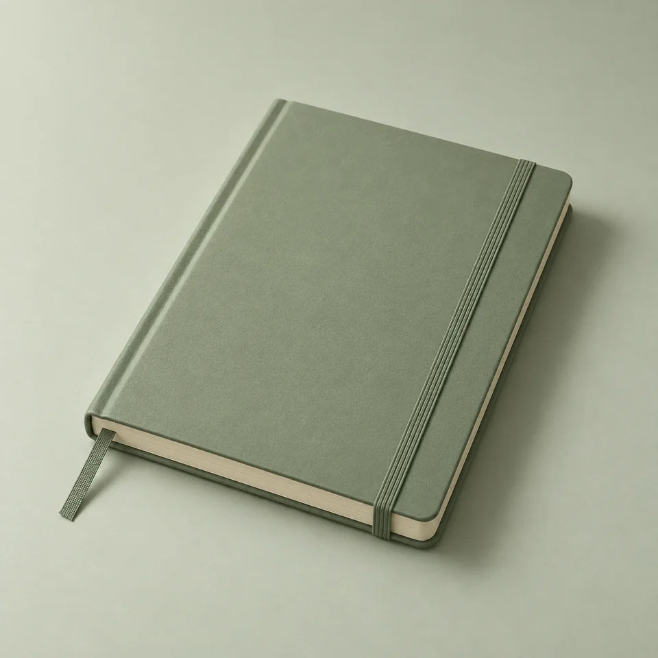 Illustration IA d’un carnet à couverture rigide vert sauge, avec élastique et marque-page ruban