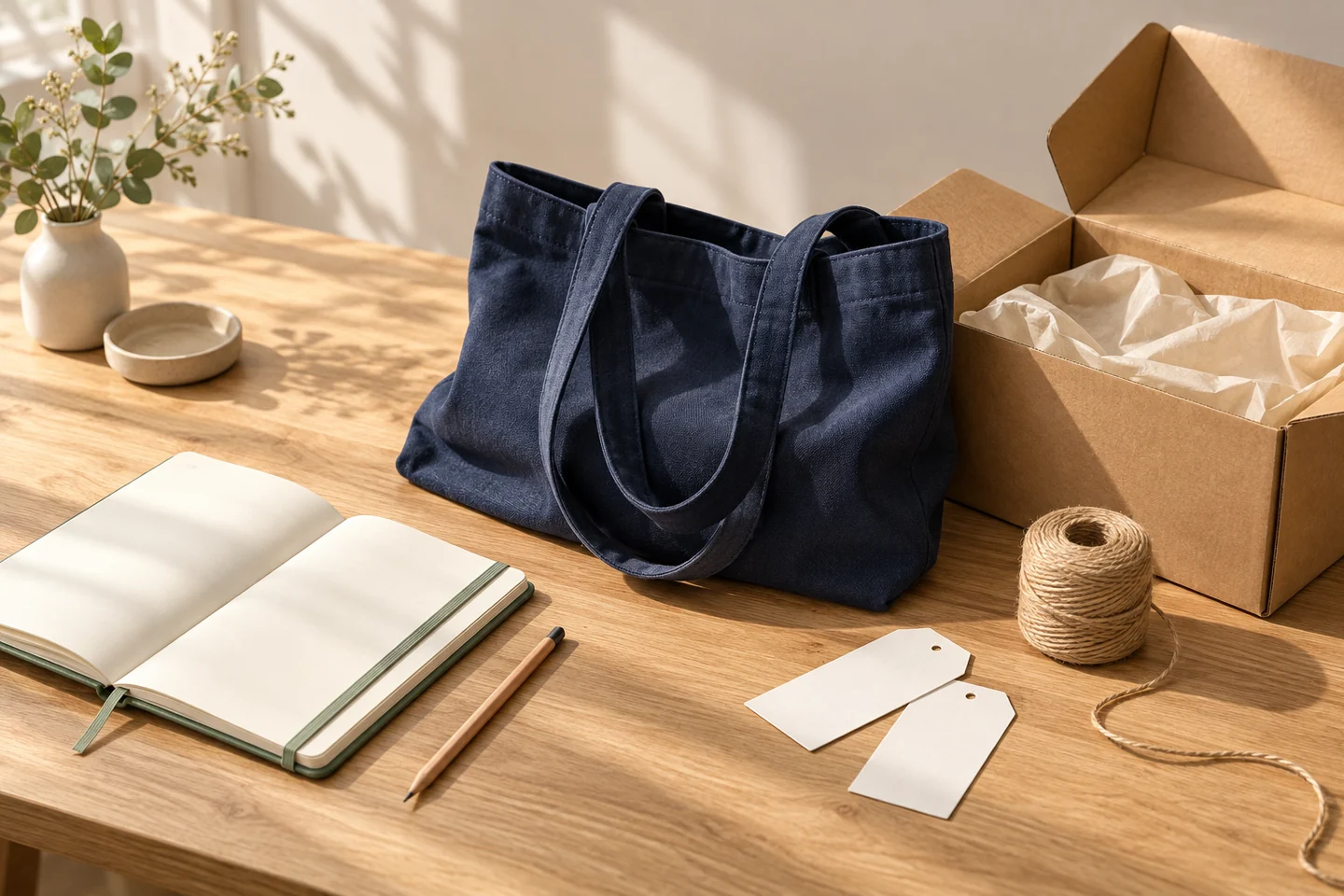 Illustration IA d’un petit espace d’emballage e-commerce avec sac bleu marine, carnet et emballages kraft